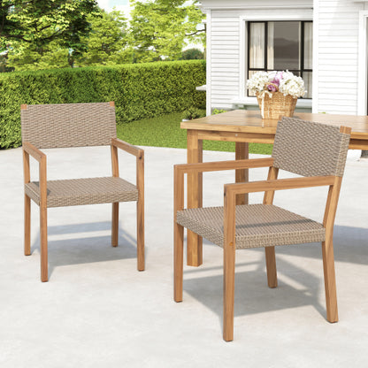 Outdoor Dining Chairs Set of 2, Light Teak Acacia Wood Frame and Multi Light Brown PE Wicker, Ideal for Patios, Gardens