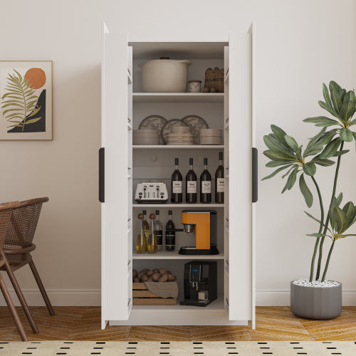 62.99 Inch White Freestanding Kitchen Pantry Cabinet Multi-Layer Partition Melamine Finish Household Storage Sideboard