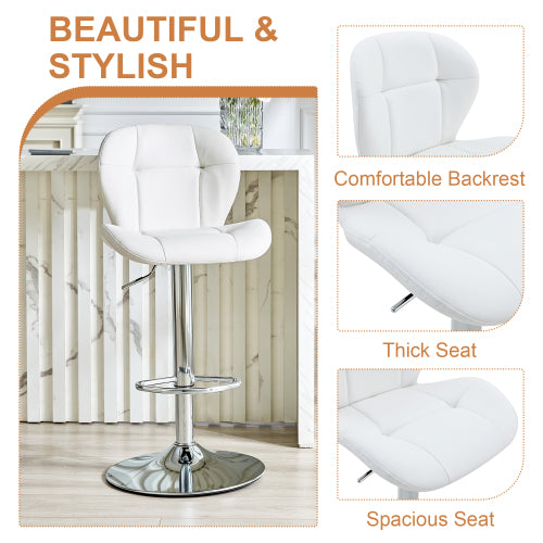 Set of 2 Height Adjustable Bar Stools, PU Upholstered Tufted Backrest Chairs with Chrome-Plated Metal Base & Footrest for Kitchen Island, Pub, Bar (White)