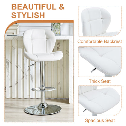 Set of 2 Height Adjustable Bar Stools, PU Upholstered Tufted Backrest Chairs with Chrome-Plated Metal Base & Footrest for Kitchen Island, Pub, Bar (White)