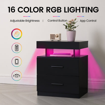 Black 2-Piece LED Nightstand Set with Fabric Drawers
