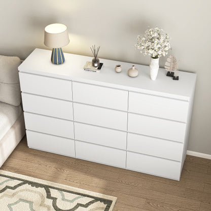 12 Drawers Double Dresser, Modern Wood Dresser Chest of Drawers with Large Storage Space for Bedroom, White