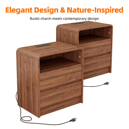 Walnut Curved Nightstand, 25inch Tall Handle-Less Bedside Table with Drawers & Charging Station