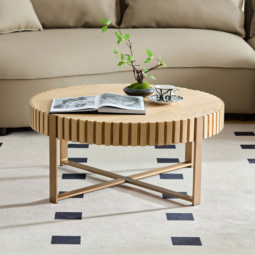 31.5inch  Round Drum Coffee Table MDF Metal Pedestal Base Modern Natural Ash Accent Table