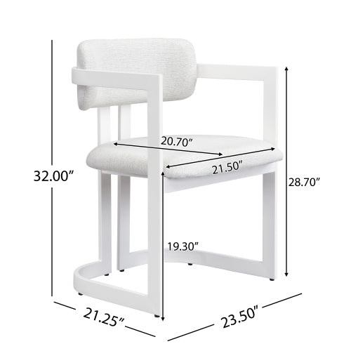 Set of 2 Beige Fabric Arm Dining Chairs, White Iron Metal Frame 265 LBS Weight Capacity