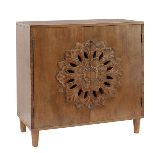 Rustic Hand-Carved Floral 2-Door Wooden Cabinet Bohemian Style Solid Wood Leg Storage Sideboard For Home Decor