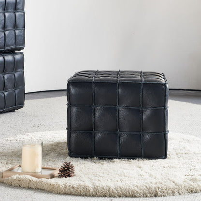 17.32 inch Genuine Leather Tufted Ottoman Footstool, Black