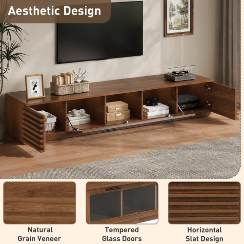 70.8 inch Walnut APP Control RGB LED Glass Flip Door TV Stand Legless Media Console For 80 inch TV
