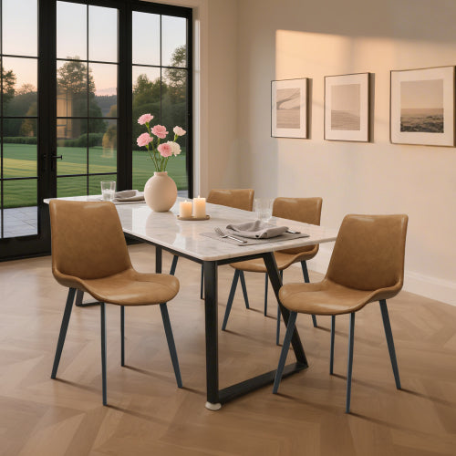 Brown PU Leather Dining Chair with Metal Legs, Modern Upholstered Chair Set for Kitchen & Dining Room