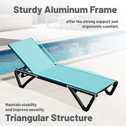 Outdoor Lounge Chair, 2 Pieces Aluminum Plastic Patio Chaise Lounge with 5 Position Adjustable Backrest and Wheels, All Weather Reclining Chair for Outdoor, Beach, Yard, Pool, Lake Blue