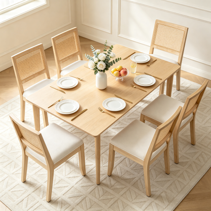 2-Piece Farmhouse Rattan Dining Chairs, Mid-Century Cane Low Back Chairs, Natural Solid Wood Frame & Breathable Linen Upholstery, Beige