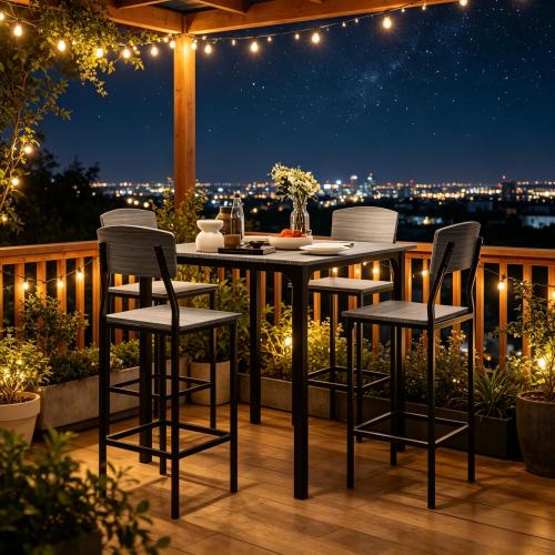 5-Piece Gray & Black Square Counter Height Dining Set, MDF & Steel Table with 4 Space-Saving Stools