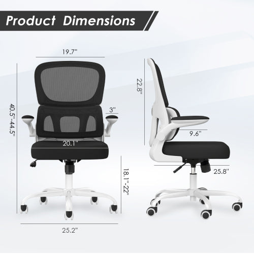 Office Chair, Mesh Ergonomic Office Chair with Lumbar Support, Comfy Computer Desk Chair with Flip Armrest Rolling Wheels for Home Study Room Office, White & Black
