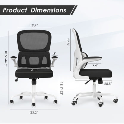 Office Chair, Mesh Ergonomic Office Chair with Lumbar Support, Comfy Computer Desk Chair with Flip Armrest Rolling Wheels for Home Study Room Office, White & Black