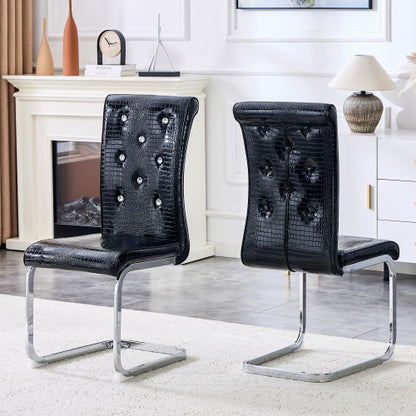 Set of 2 Retro Faux Alligator Skin Dining Chairs, PVC Leather Chairs with Crystal Buckle & Electroplated Metal Legs