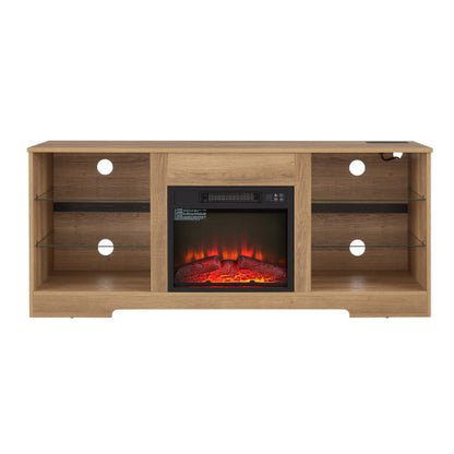 58 Inch Oak Electric Fireplace TV Stand Bluetooth RGB LED Light Media Console with Built-In Power Outlet for 65 Inch TV