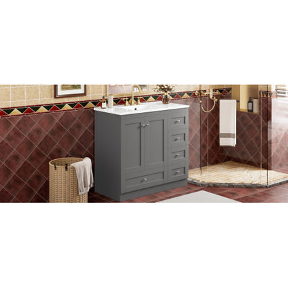 36 inch Shaker Style Free-Standing Bathroom Vanity Cabinet with Ceramic Sink, 4 Soft-close Drawers and 2 Soft-close doors