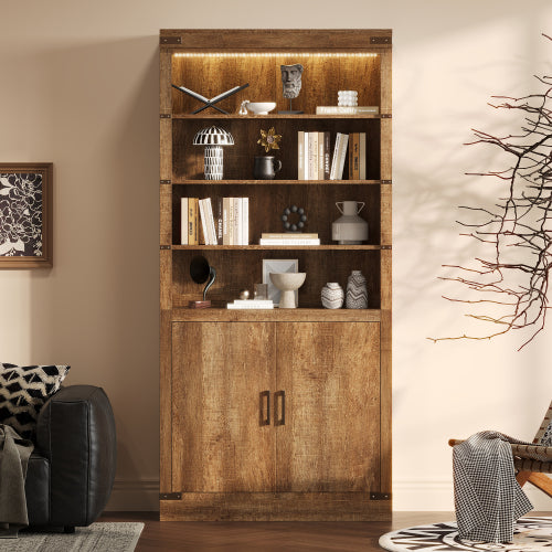 83.4 Inch Tall Walnut Farmhouse Bookshelf with LED Light & Adjustable Shelves Closed Storage Cabinet
