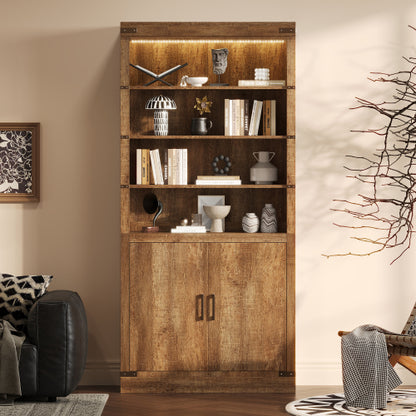 83.4 Inch Tall Walnut Farmhouse Bookshelf with LED Light & Adjustable Shelves Closed Storage Cabinet