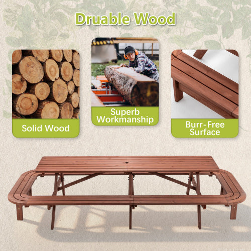Brown Picnic Table with Benches for 14-16 Persons, Nearly 8-Foot Long Outdoor Wooden Rectangle Table for Patio, Garden, Backyard, Large Outside Dining Set with Umbrella Hole