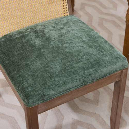Set of 2 Green Curved Arched Cane Back Farmhouse Dining Chairs, Distressed Solid Wood Frame S-Spring Chenille Cushion