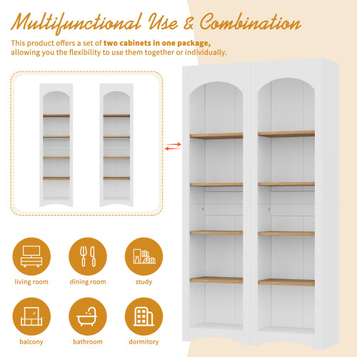 72''H White Farmhouse 5-Tier Combined Bookshelf Adjustable Shelf Home Pantry Storage Cabinet Set