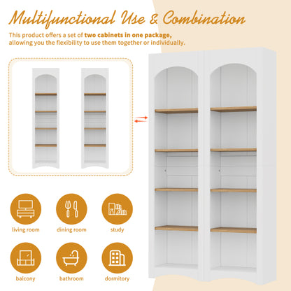 72''H White Farmhouse 5-Tier Combined Bookshelf Adjustable Shelf Home Pantry Storage Cabinet Set
