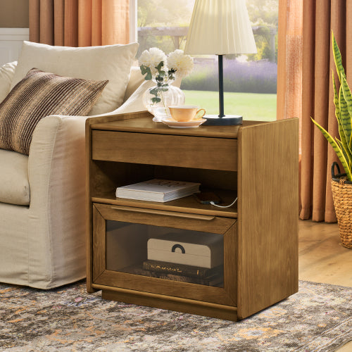 Mid Century Modern Nightstand with Charging Station & Outlet Hole & 2 Drawers, Farmhouse End Table with Open Shelf & Glass Drawer Dresser, Side Cabinet for Living Room Reception Room Dorm-Light Walnut