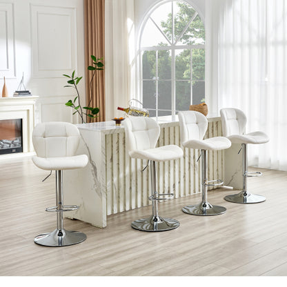 Set of 2 Height Adjustable Bar Stools, PU Upholstered Tufted Backrest Chairs with Chrome-Plated Metal Base & Footrest for Kitchen Island, Pub, Bar (White)