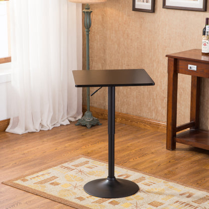 Black Square Top Adjustable Height with Black Leg And Base Metal Bar Table and 2 Swivel Black Bonded Leather Adjustable Bar Stool Bar Sets