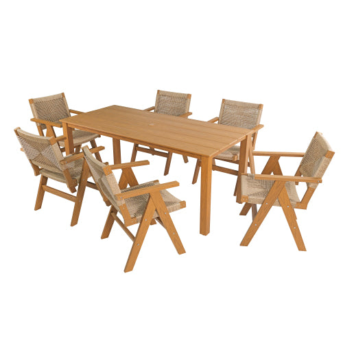 A wooden-textured imitation wood dining table, simple yet with a high quality feel. It has a small tabletop and is perfect for outdoor picnics. It is made of teak wood, measuring 68.9 inches.
