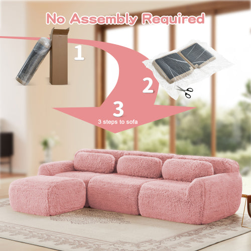 Pink L-Shaped Plush Boneless Modular Sofa, Movable Ottoman, 32D Sponge, No Assembly
