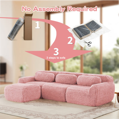 Pink L-Shaped Plush Boneless Modular Sofa, Movable Ottoman, 32D Sponge, No Assembly