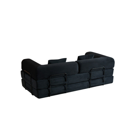 Corduroy Convertible Sleeper Sofa-Bed Fixed-Shape Metal-Frame Floor Lounge Couch with Cylindrical Pillow No-Assembly