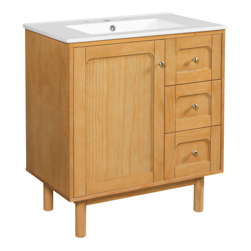 30 Inch Bathroom Vanity with Ceramic Sink, Bathroom Vanity with 3 Drawers, 1 large Soft Closing Door, Farmhouse Bathroom Storage Cabinet , Ideal for Home