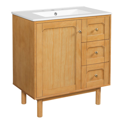 30 Inch Bathroom Vanity with Ceramic Sink, Bathroom Vanity with 3 Drawers, 1 large Soft Closing Door, Farmhouse Bathroom Storage Cabinet , Ideal for Home