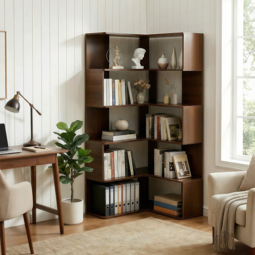 66-Inch 6-Tier Corner Bookshelf L-Shaped Open Storage Walnut