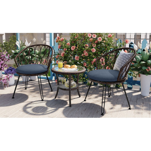 U_STYLE Outdoor Leisure Set, 2 Rattan Single Chairs with A Glass Round Table, Perfectly Suited for Patios, Balconies, and Courtyards
