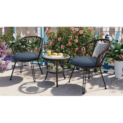 U_STYLE Outdoor Leisure Set, 2 Rattan Single Chairs with A Glass Round Table, Perfectly Suited for Patios, Balconies, and Courtyards