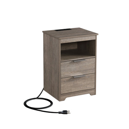 Gray Nightstand with Charging Station, 2 Drawers & Open Shelf Wooden Modern End Table