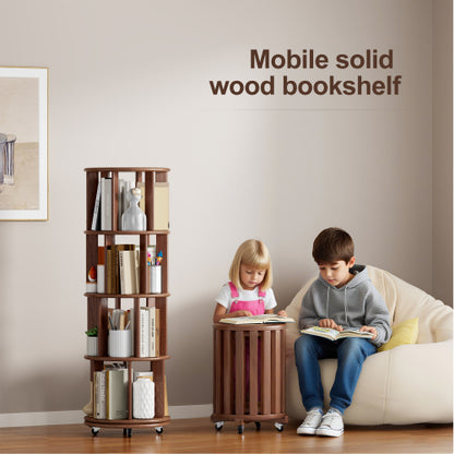 Solid Wood 360° Rotating 4-Tier Wheel Mobile Walnut Bookshelf