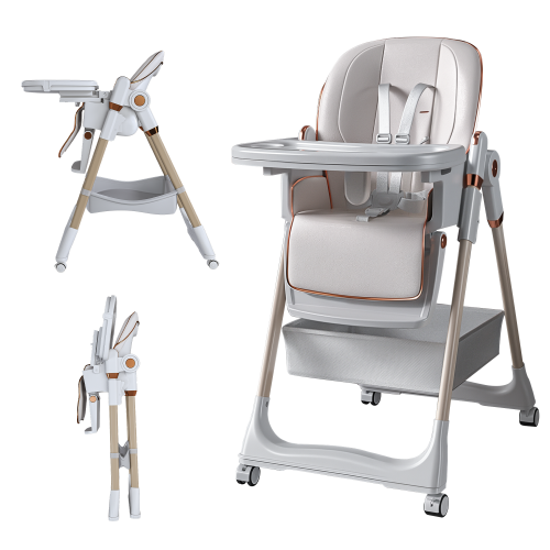 White Foldable Baby High  Dining  Chair for 0-6 Years, 5 Height Adjustable, Safety Belt, Lockable Silent Wheels