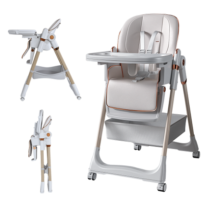 White Foldable Baby High  Dining  Chair for 0-6 Years, 5 Height Adjustable, Safety Belt, Lockable Silent Wheels