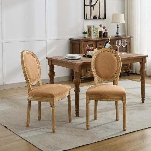 Set of 2 Tan French Solid Wood Antique Painted Linen Dining Chairs, Carved Frame 300 LBS Weight Limit