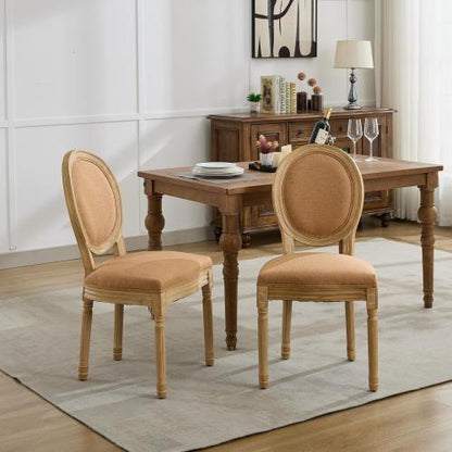 Set of 2 Tan French Solid Wood Antique Painted Linen Dining Chairs, Carved Frame 300 LBS Weight Limit