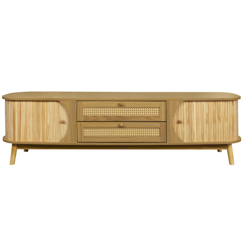 66.93 Inch Brown Farmhouse Rattan Sliding Door TV Stand Solid Wood Legs Fits 75 Inch TV