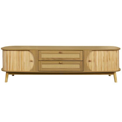 66.93 Inch Brown Farmhouse Rattan Sliding Door TV Stand Solid Wood Legs Fits 75 Inch TV