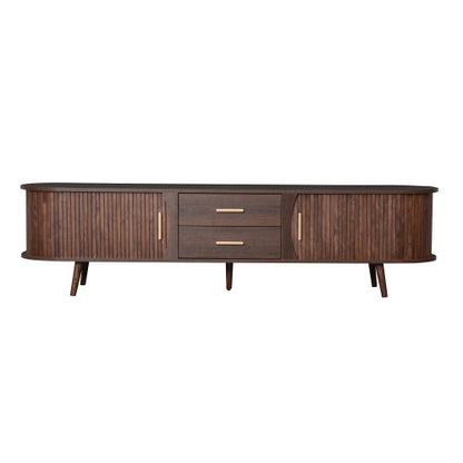 70.8 Inch Dark Brown Mid-Century Sliding Door TV Stand Solid Wood Leg Media Console Fits 80 Inch TV