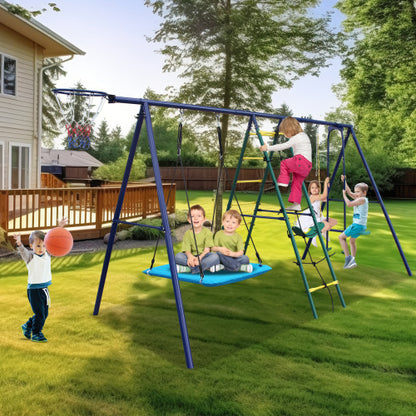 6 in 1 Swing Set With Climbing Ladder, Climbing Net, Glider, Hammock Swing, Belt Swing, Basketball hoop for Backyard