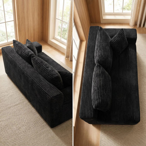 Black Corduroy Leg-Free Floor-Hugging Compressed Armless 2-Seater Loveseat Sofa for Small Apartment Living-Room
